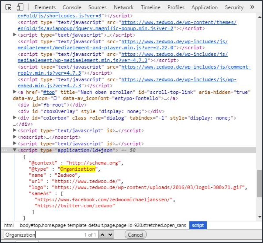 Screenshot Quelltextanischt Google Chrome Console