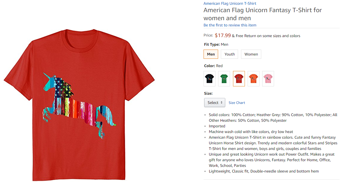 Screenshot des American-Flag-Unicorn-T-Shirt von Marion von Kuczkowski auf Amazon Merch | Der Online-Shop-Podcast mit Michael Janssen